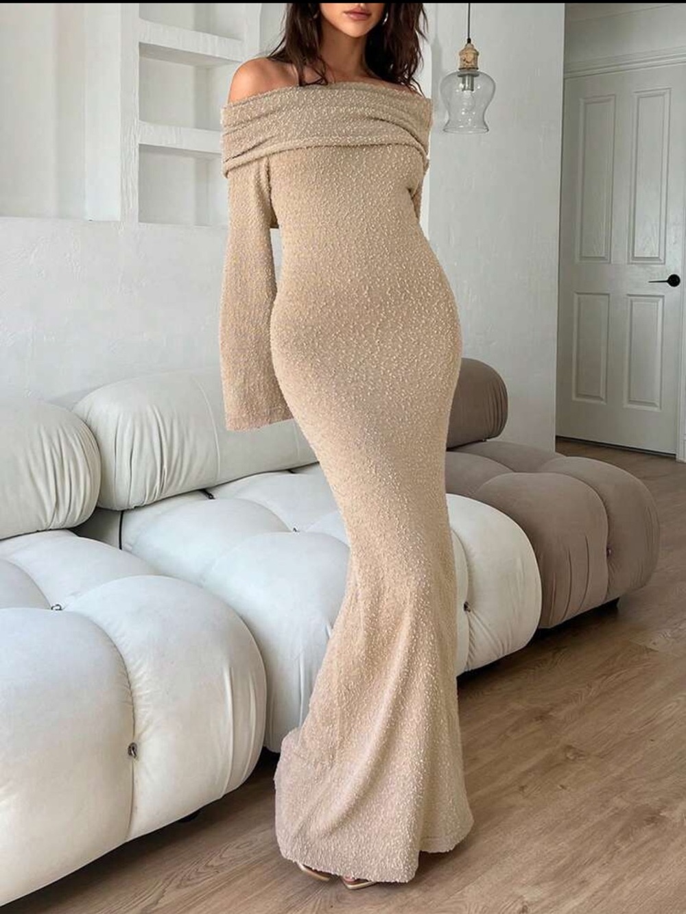 SHEIN Beige Off-Shoulder Long Sleeve Maxi Dress